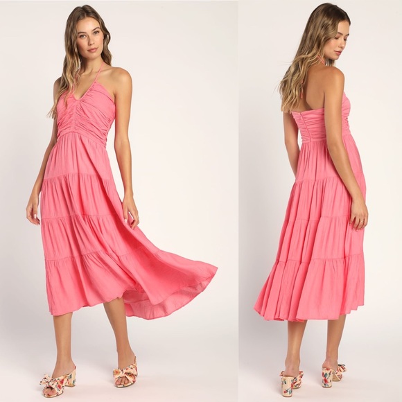 Lulu's Chasing Sun Pink Tiered Keyhole Halter Midi Dress M NWT - Picture 1 of 13